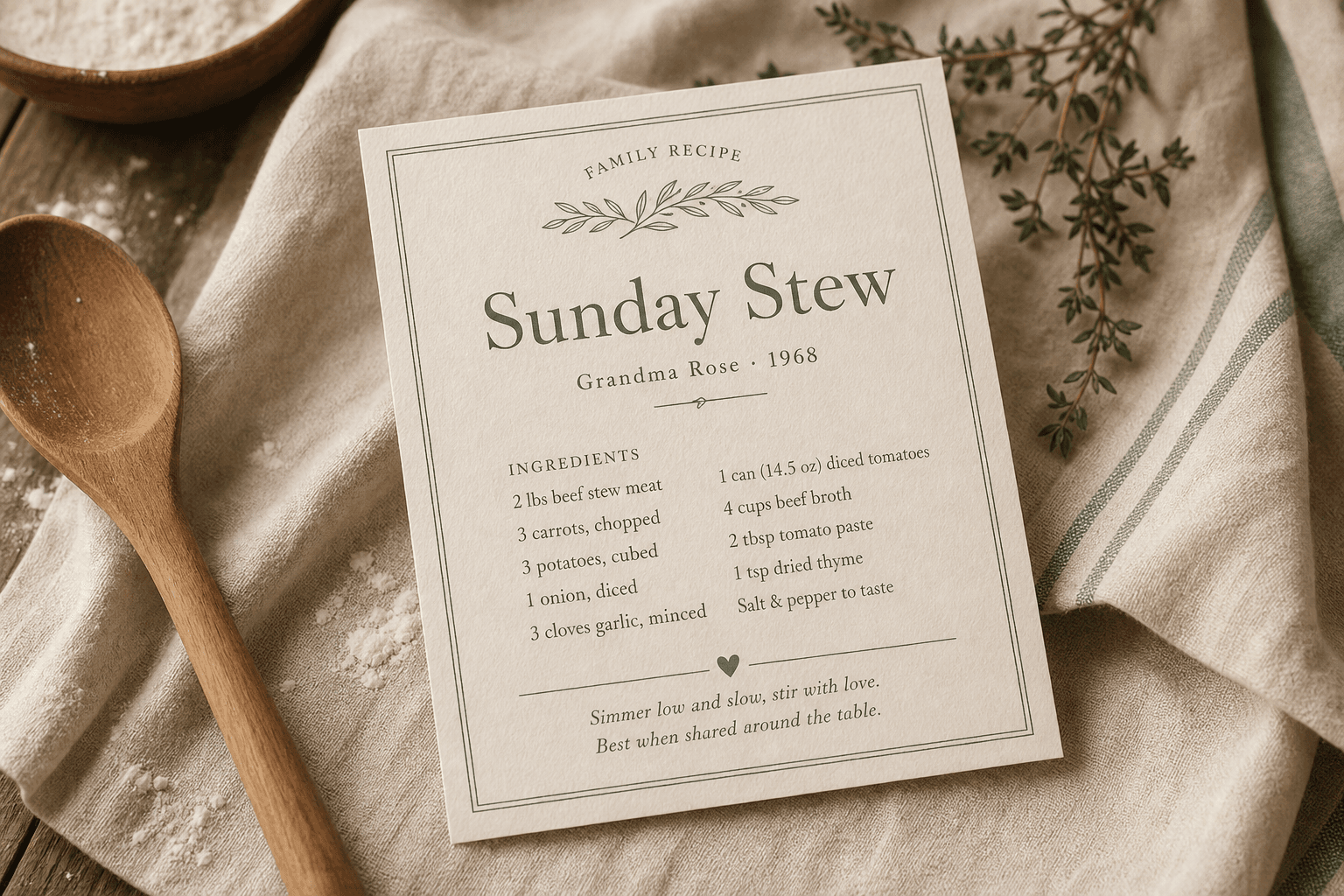 Sample family recipe card for Sunday stew