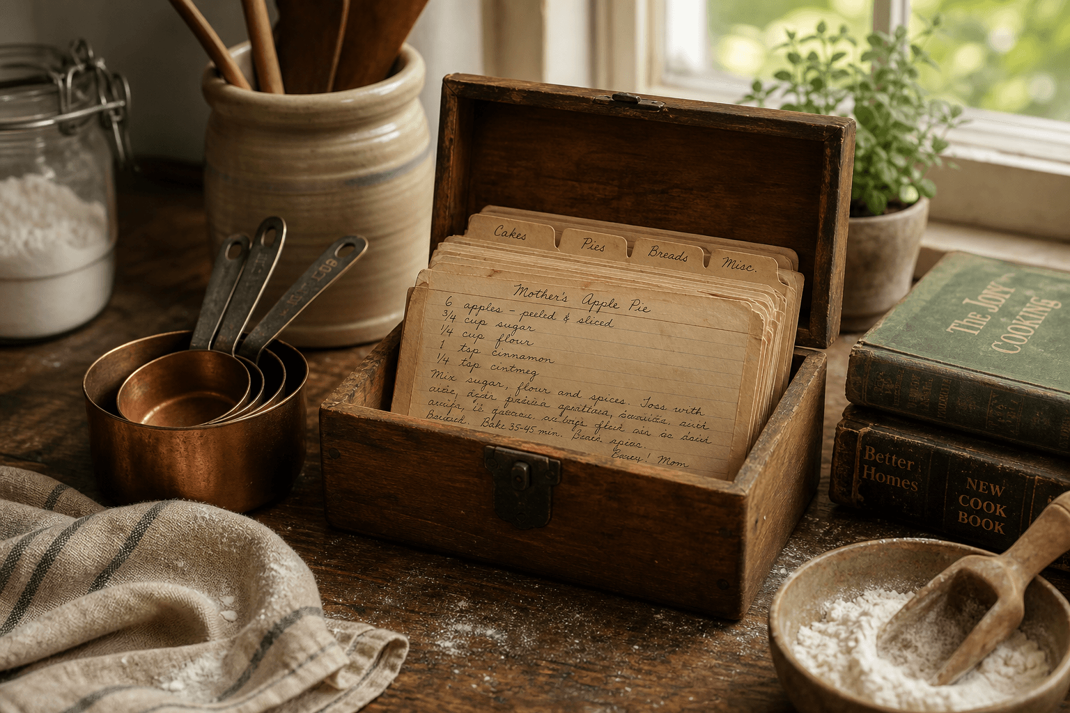 Heirloom kitchen recipe box with yellowed recipe cards