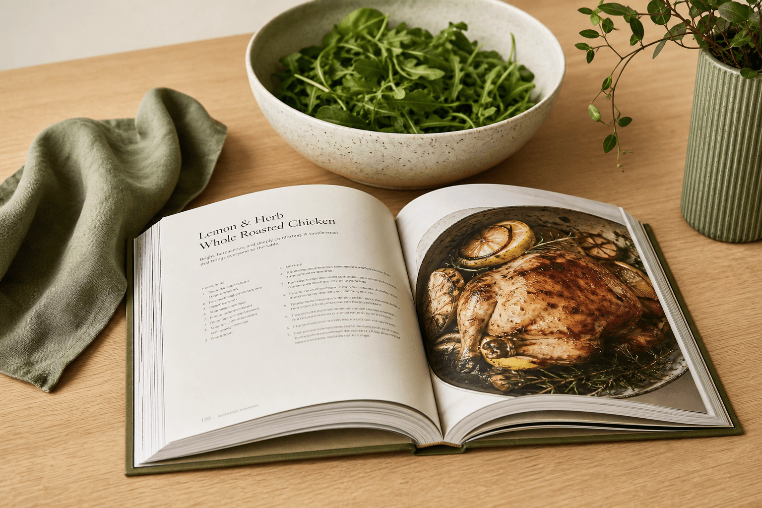 Modern family cookbook open on a light wood table